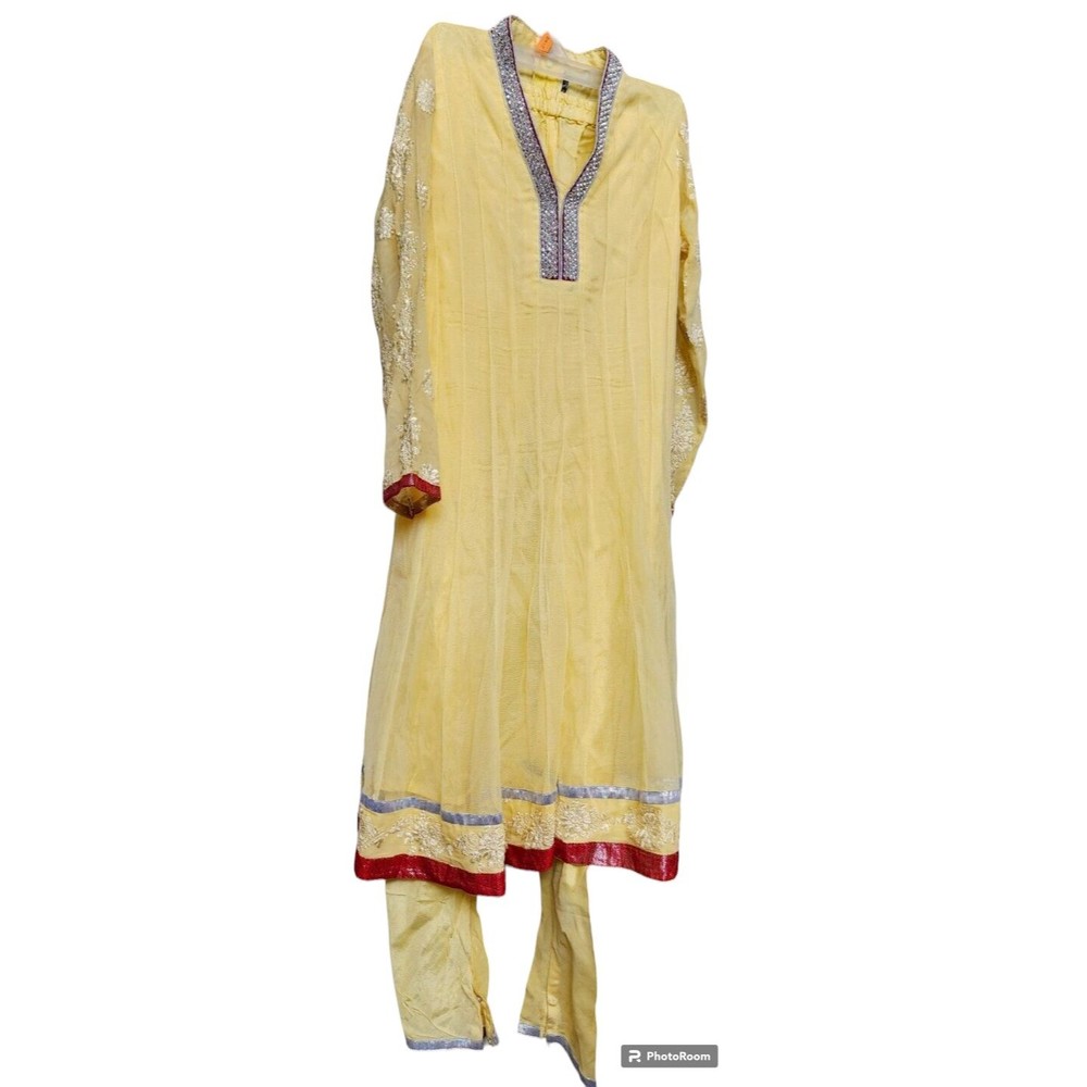 Yellow Lined Size 34 Ethnic Salwar Hippie Boho Kameez Embellished 2 Piece Dressy